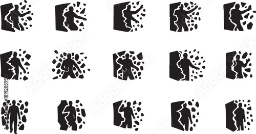 Silhouette of people breaking free from concrete wall icons