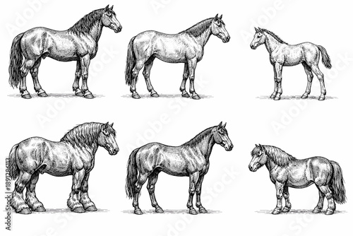 Detailed black and white drawings of various horse breeds in profile view