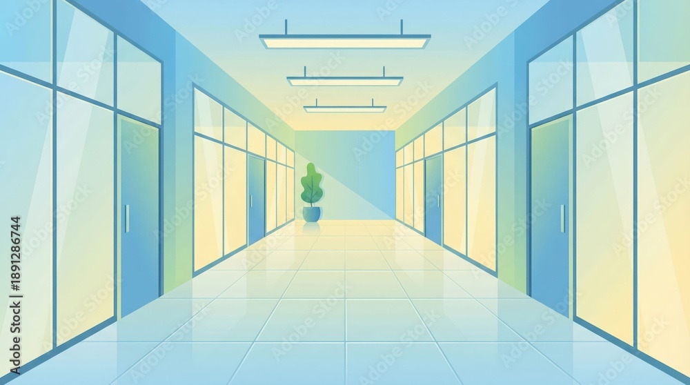 Obraz premium Bright interior hallway vector illustration with large windows, modern office corridor, soft gradient lighting