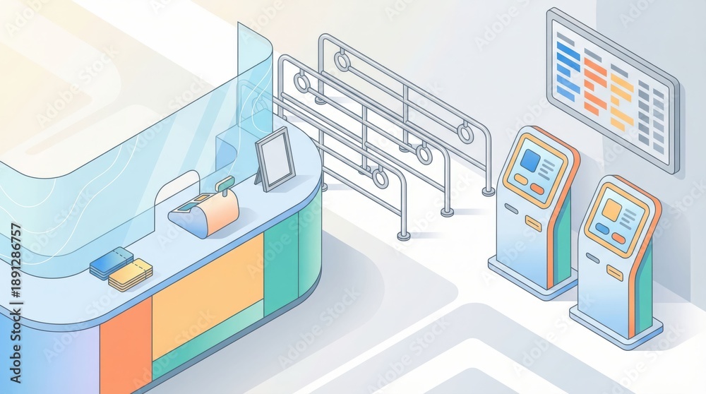 Obraz premium 3d isometric vector illustration of a modern bank lobby with curved reception counter, self service kiosks and digital display in pastel colors, futuristic clean interior