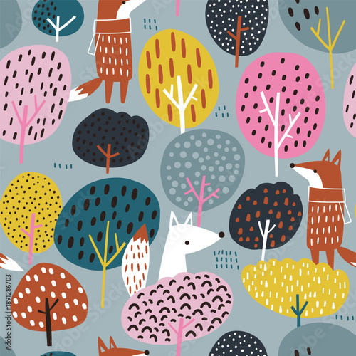 Seamless childish texture with cute cartoon foxes in the forest. Colorful trees woodland texture vector background.