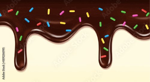 Chocolate frosting with colorful sprinkles melting on a cream background