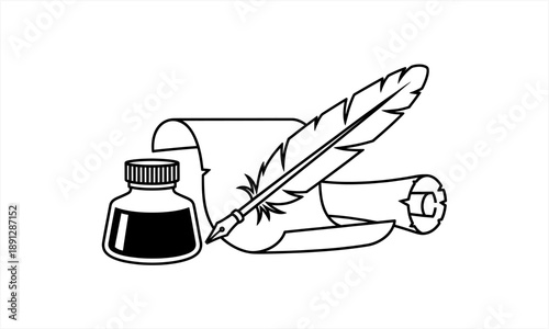 Quill pen, inkwell, and scroll for writing and calligraphy.