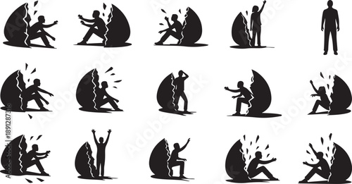 Silhouette of people struggling with a large boulder together