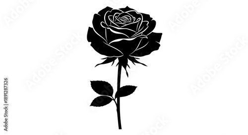 Elegant Black Silhouette of a Single Rose with Detailed Petal Layers and Stem Leaves, Symbolizing Love, Beauty, or Romance in Minimalist Design
