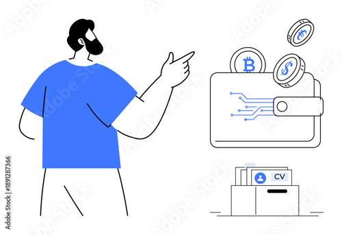Cryptocurrency concept. Digital wallet for secure cryptocurrency storage highlighted alongside job search folders. Cryptocurrency offers financial innovation and employment options. For fintech, HR