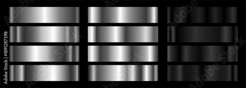 A set of silver and black metallic gradients. Vector collection of metall gradients for chrome button, ribbon, metal frame, border, label design.