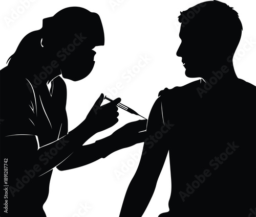Silhouette medical professional nurse vaccinating male patient arm healthcare clinic illustration vector