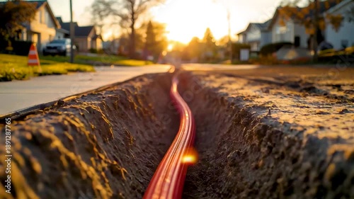 Glowing underground cable laid in open street trench at sunset showing modern fiber optic infrastructure installation in suburban neighborhood