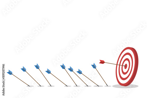 Business challenge failure and success concept. Blue arrows missed hitting target and only red one hits the center