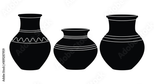 Three ancient pottery vessels displayed in a striking black silhouette