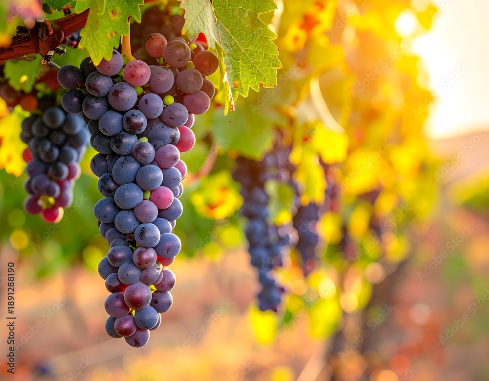 Naklejka premium A close-up of purple grapes hanging from a vine with green leaves
