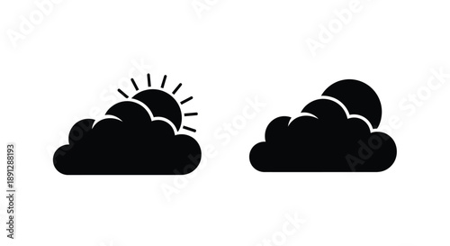 Black cloud and sun icons representing weather minimalist silhouette