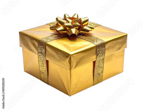 Square golden gift box with a gold bow and gold ribbon over a black background