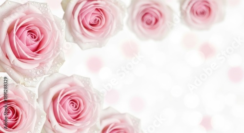 Several delicate pink roses with water droplets decorate the edges of a bright white background