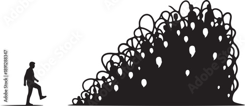 Man walking away from a large crowd of people silhouettes