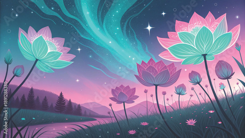 Boho Constellation Print Neon Gradient Galaxy Tone  Flower Glowing Neon Vector Art Background  