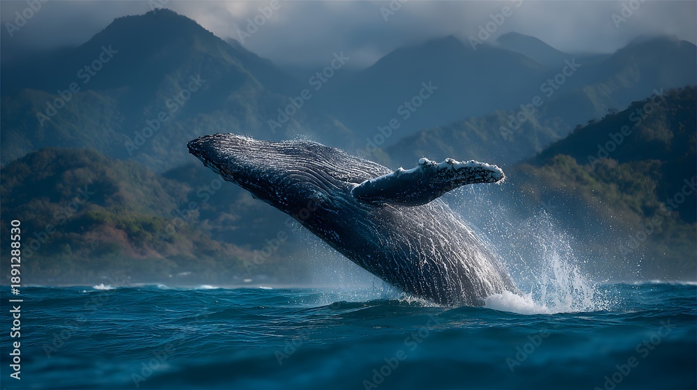 Fototapeta premium Majestic humpback whale breaches out of deep blue ocean water, splashing spray with lush green mountains and clouds visible in the background.