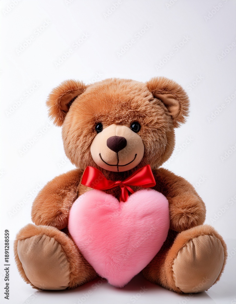 Fototapeta premium Brown smiling Teddy bear plush toy with red tied bow holding a pink heart shape plushie on white background 