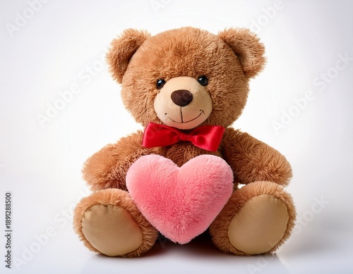 Brown smiling Teddy bear plush toy with red tied bow holding a pink heart shape plushie on white background 
