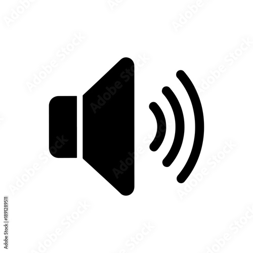 A minimalist black icon depicts a speaker emitting sound waves representing volume control or audio output in silhouette high quality professional detailed modern