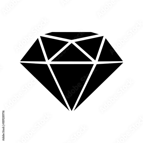A striking black silhouette of a faceted diamond shape is prominently displayed against a clean white background creating a bold contrast silhouette