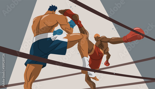 Muay Thai High Kick to the Neck on Boxing Ring Vector Illustration.