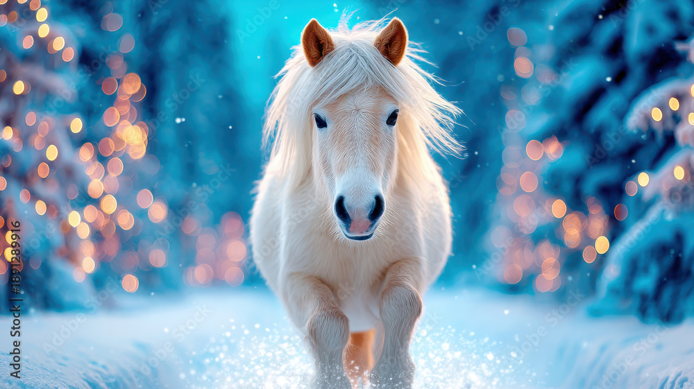 Fototapeta premium White horse running in a snowy forest with festive lights glowing
