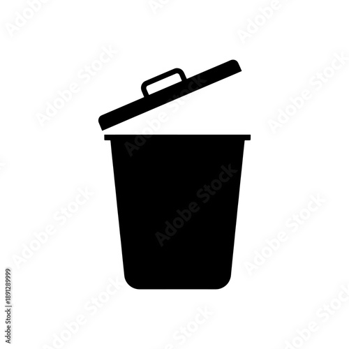 A stark black silhouette depicts an open waste container showcasing a lid slightly ajar and a simple rounded form silhouette high quality professional