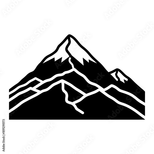 A striking black and white depiction of a jagged mountain range sharply contrasted against a white background presented as a silhouette high quality