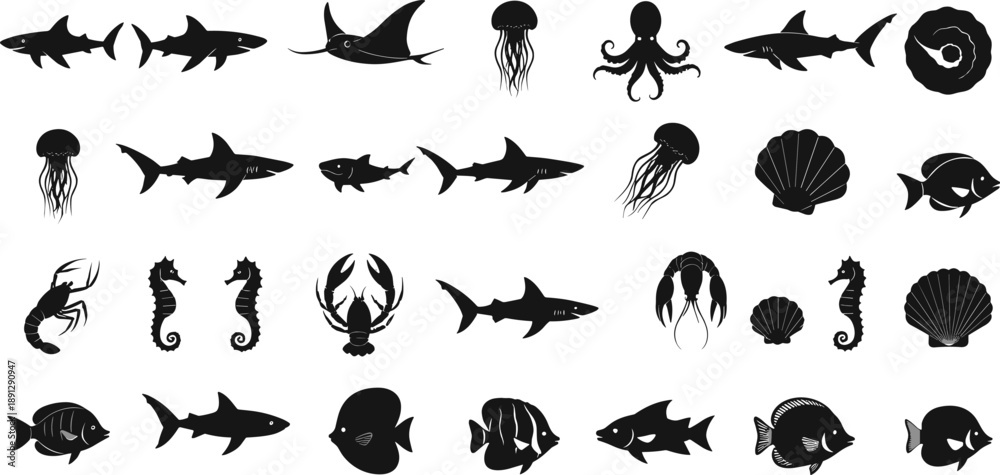 Fototapeta premium Marine Animals Silhouette Vector Collection Featuring Fish, Sharks, Jellyfish, Octopus, Shells, and Sea Creatures for Ocean Wildlife Design and Nautical Graphics