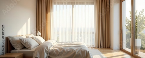 Minimalist bedroom, sheer curtains frame window , window, interior decor