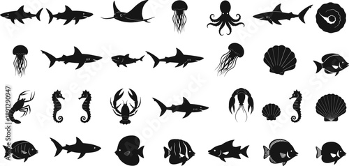 Marine Animals Silhouette Vector Collection Featuring Fish, Sharks, Jellyfish, Octopus, Shells, and Sea Creatures for Ocean Wildlife Design and Nautical Graphics