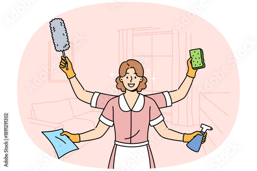 Woman maid is ready to quickly clean apartment, working in multitasking mode thanks to presence of four hands. Girl maid stands in hotel room and holds items to perform high-quality cleaning