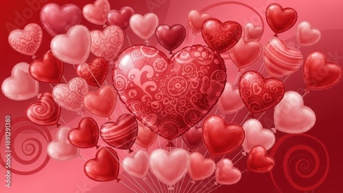 Bundle of ornate heart shaped balloons in red and pink for valentines day