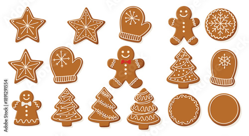 Collection of assorted brown gingerbread cookies in festive shapes like stars, trees, mittens, and people with white icing on white.