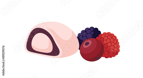 Delicious Japanese dessert mochi shown with a cross-section reveal beside fresh raspberries, blackberries, and blueberries on white.