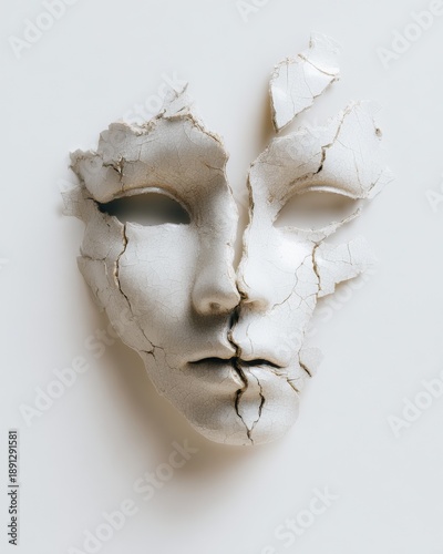 Broken mask mental health depression concept.Broken porcelain mask symbolizing mental health issues, emotional pain, depression and hidden psychological suffering