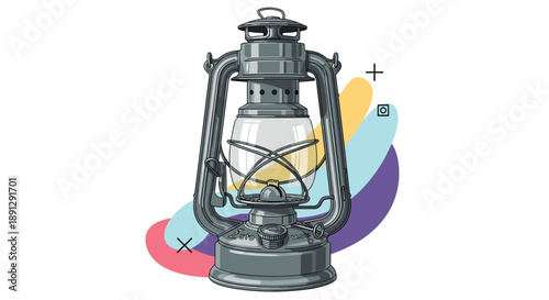 Classic dark grey oil lantern with a glass globe and abstract blue, yellow, and red shapes in the background.