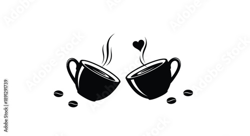 Two coffee cups with steam and beans a romantic graphic silhouette