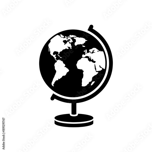 A striking black silhouette depicts a classic globe with detailed continental outlines and a supporting stand representing global awareness silhouette high quality professional