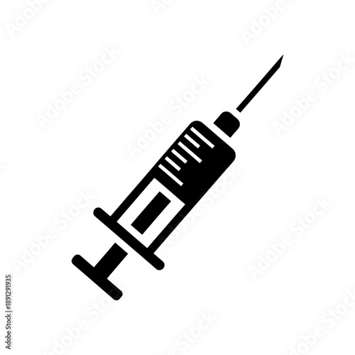 A stark black graphic depicts a medical syringe complete with a needle and plunger presented as a bold silhouette high quality professional detailed