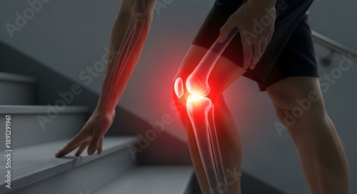Person with knee pain struggles to climb stairs. Suitable for medical, healthcare, pain management, and physical therapy concepts.