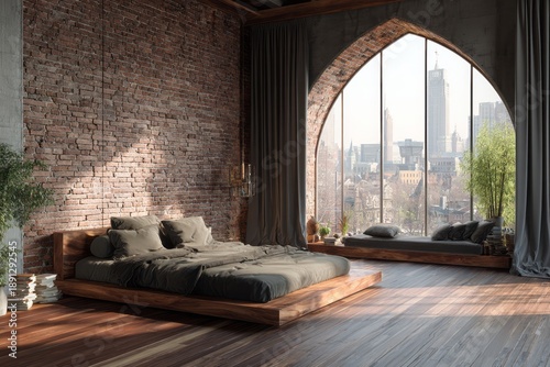 Spacious contemporary bedroom features an arched window revealing an urban skyline view