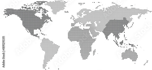 World map in black and white halftone dot pattern style, global geography concept