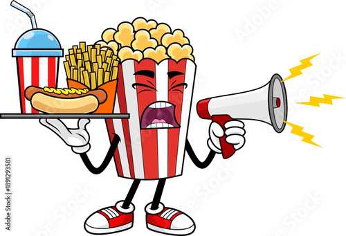 Popcorn Cartoon Character Shouting With Megaphone And Holding Fast Food Tray – Vector Hand Drawn Illustration Isolated On Transparent Background