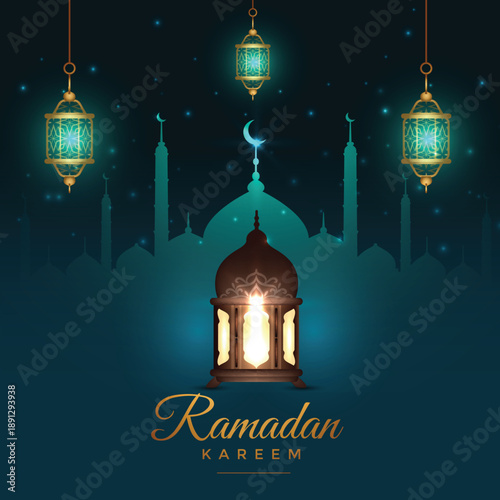 beautiful ramadan kareem background with glowing islamic lanterns