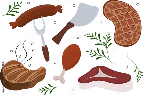 Vector clip art collection of various meat cuts, including steak, sausage, chicken drumstick, rosemary, and barbecue tools, ideal for butcher shop branding or grill menus.