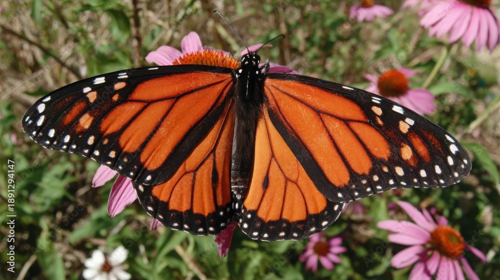 Obraz premium Vibrant Orange Monarch Butterfly Resting on Pink Flowers in a Garden