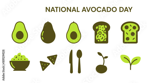 A graphic design celebrating National Avocado Day with avocado icons